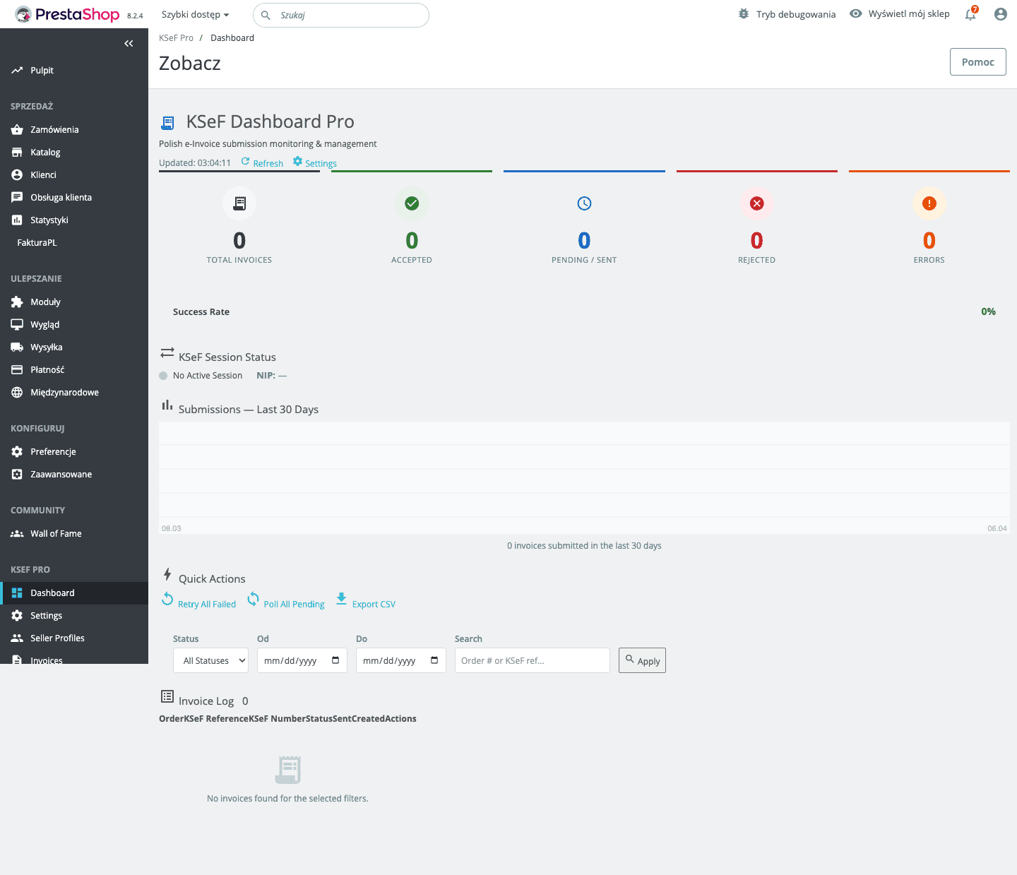 KSeF Pro Dashboard โ invoice stats, session status, submission chart, quick actions