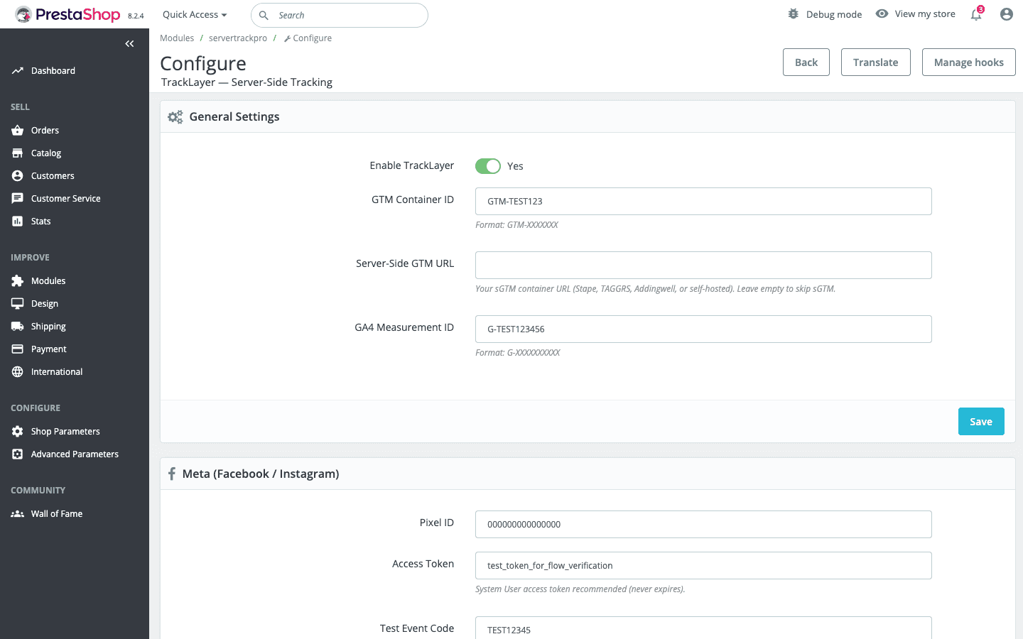 TrackLayer module configuration — General Settings with GTM, GA4, and Meta credentials