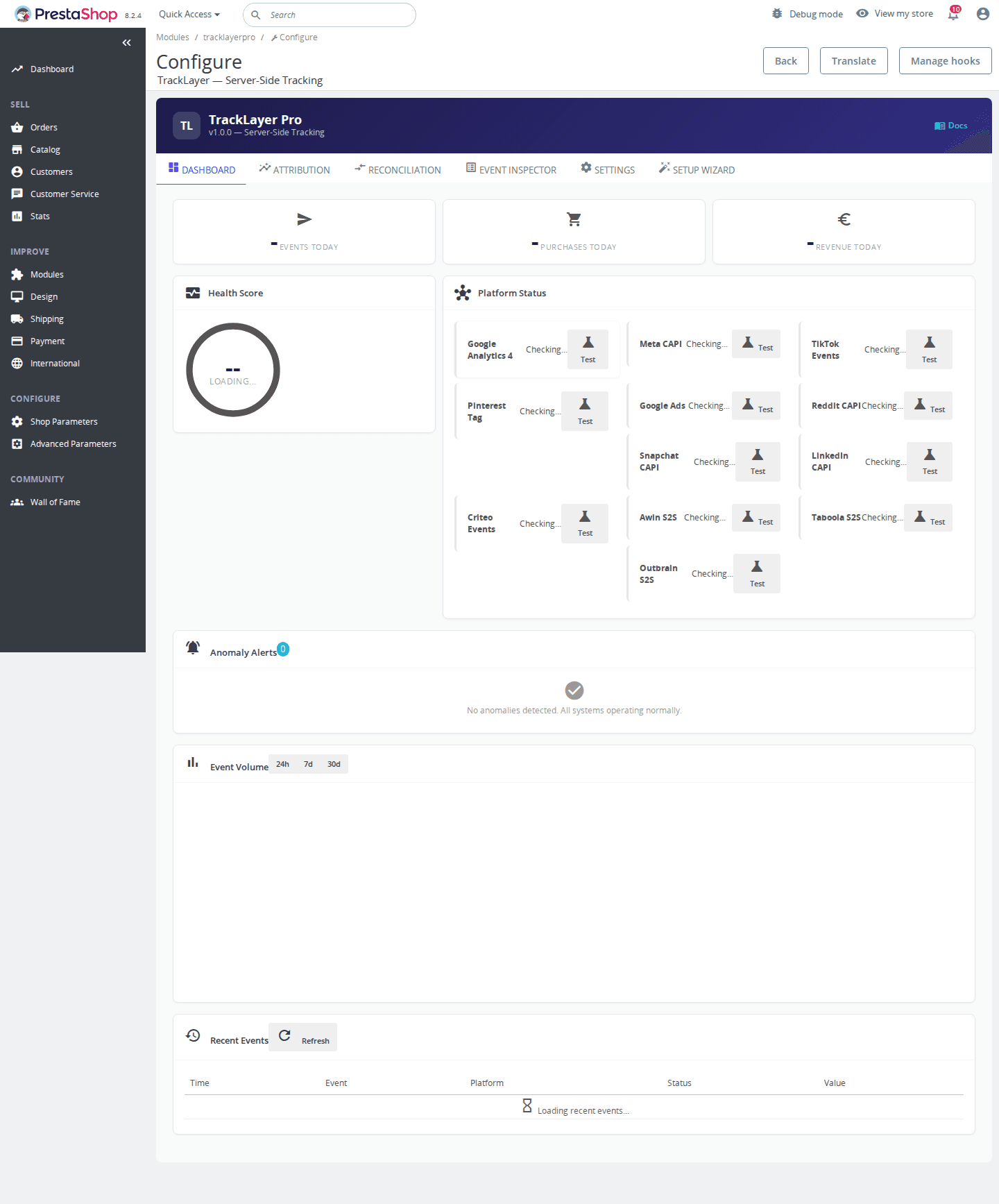 TrackLayer Pro Dashboard — Health Score, platform status, event volume, anomaly alerts