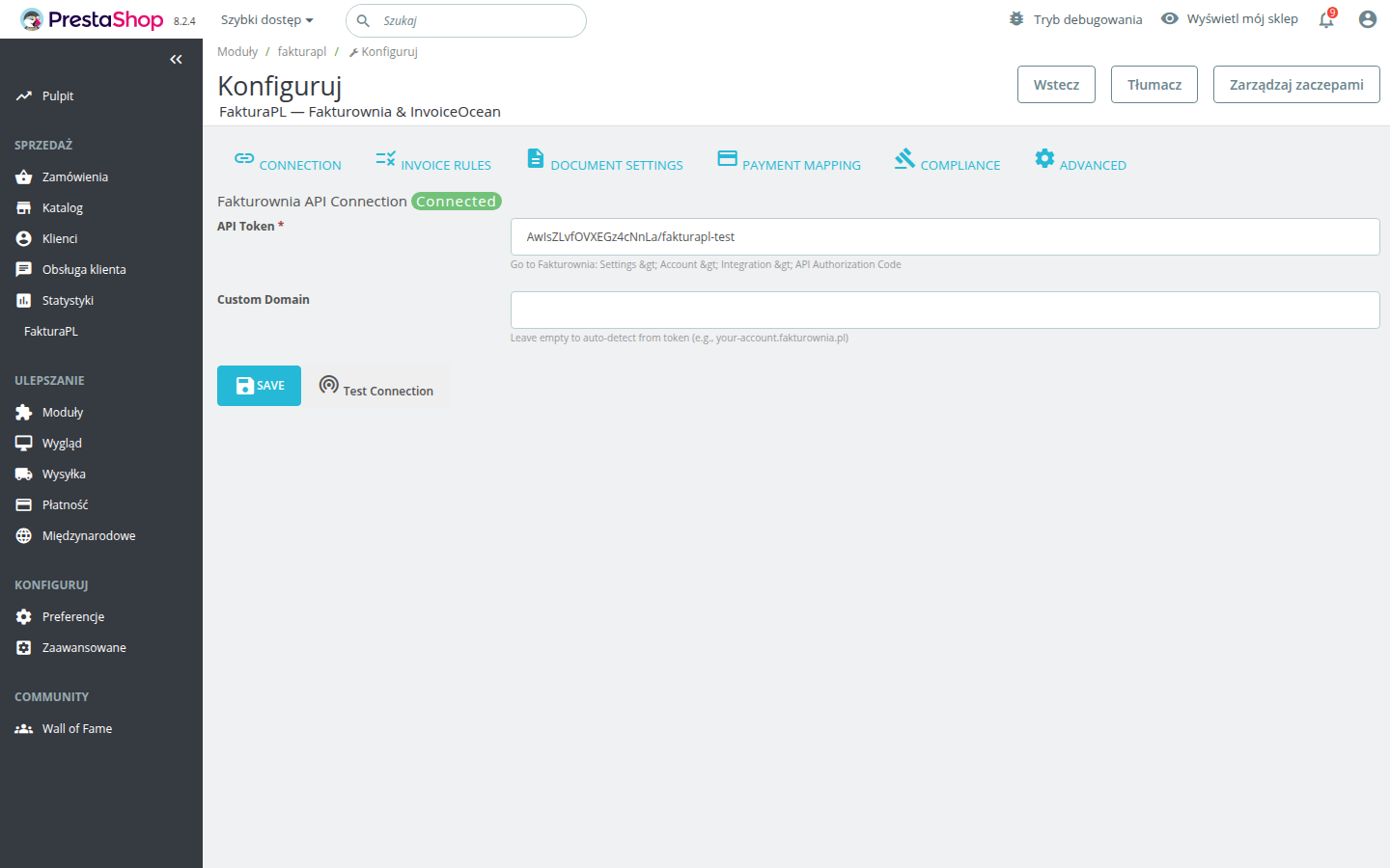 Connection tab showing API token field and Test Connection button