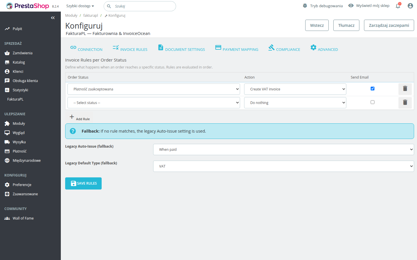 Invoice rules tab with per-status configuration