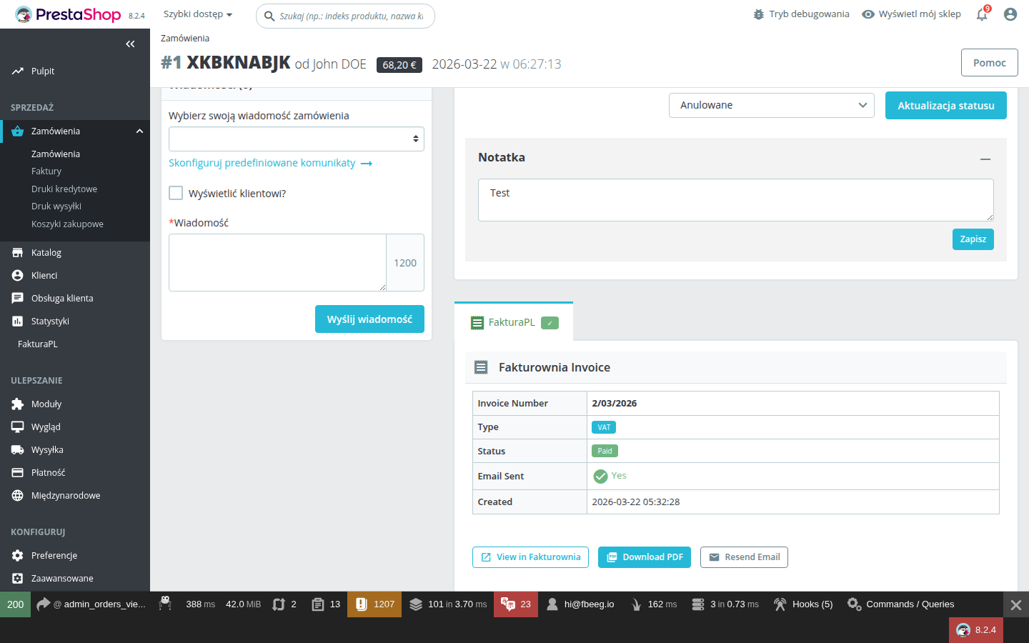 Order detail page with Fakturownia Pro invoice panel