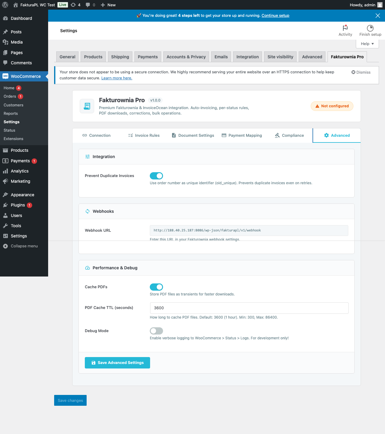 Document settings panel showing template, currency, and buyer format options