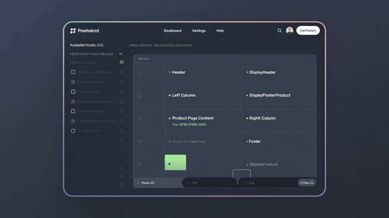 Hook selector showing storefront wireframe with clickable positions labelled by hook name